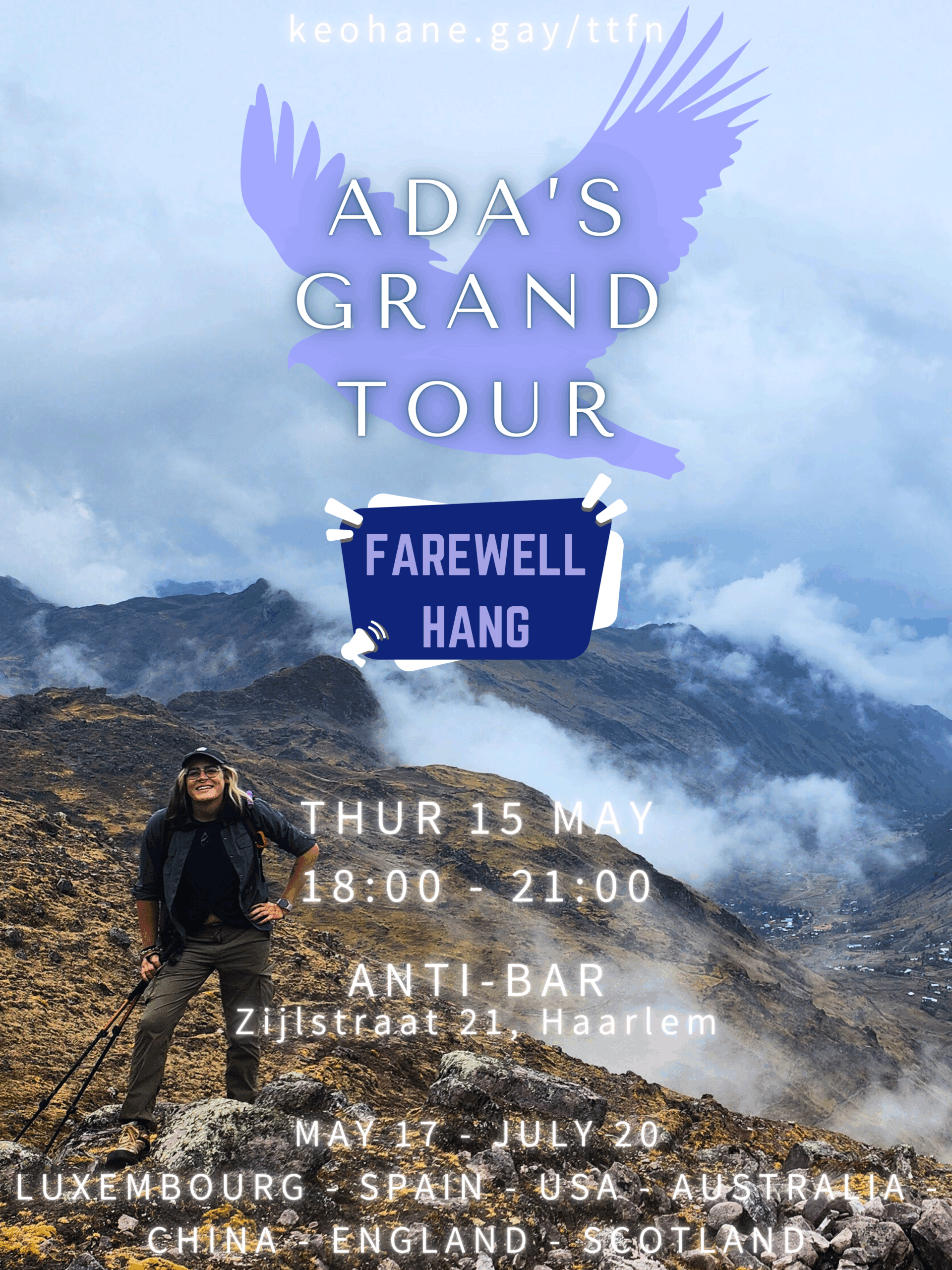Poster for Ada's Farewell Party in May 2025, embarking on a 2-month round-the world trip. The event is at Anti-Bar, at Zijlstraat 21, Haarlem, from 18:00-21:00 on Thursday May 15