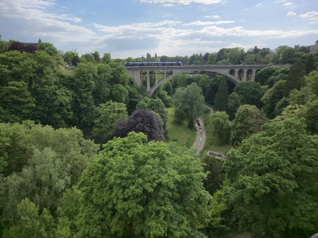 Photo of a the Petrusse Valley in Luxembourg from above. There is a forest of trees with a path running along the bottom of the valley, under a large high stone bridge in the background.